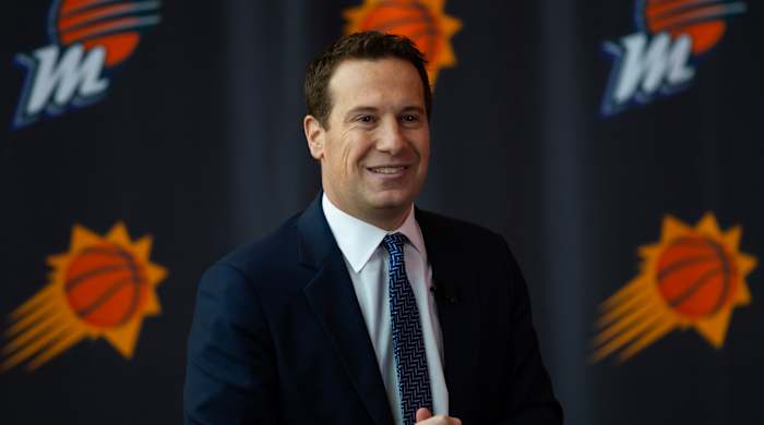 Suns owner Mat Ishbia speaks to the media at an introductory press conference.